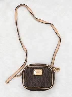 Michael Kors Jet Set Monogram Crossbody Bag Brown/Vanilla Gold Chain Small